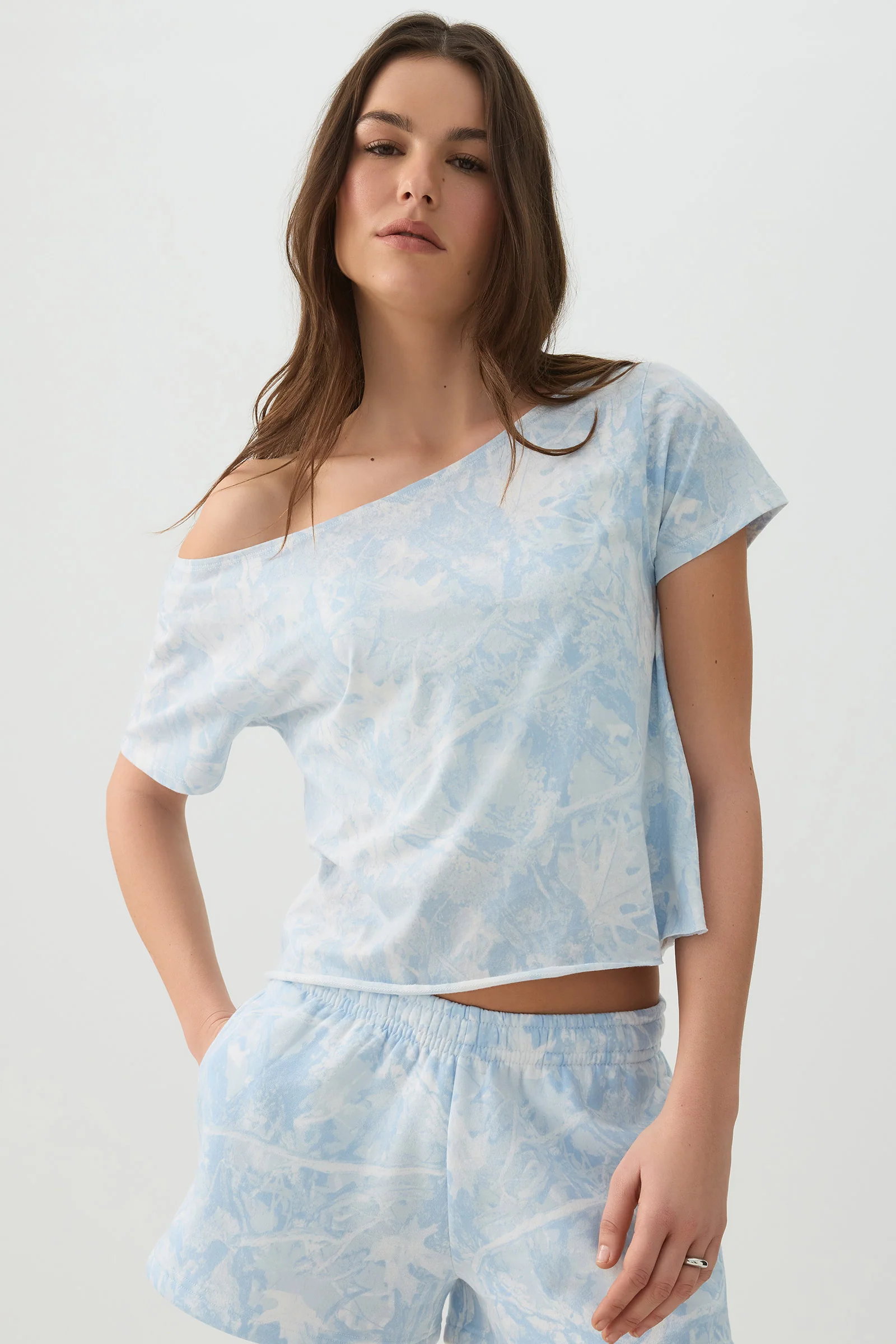 Blue Camouflage Off Shoulder T-Shirt