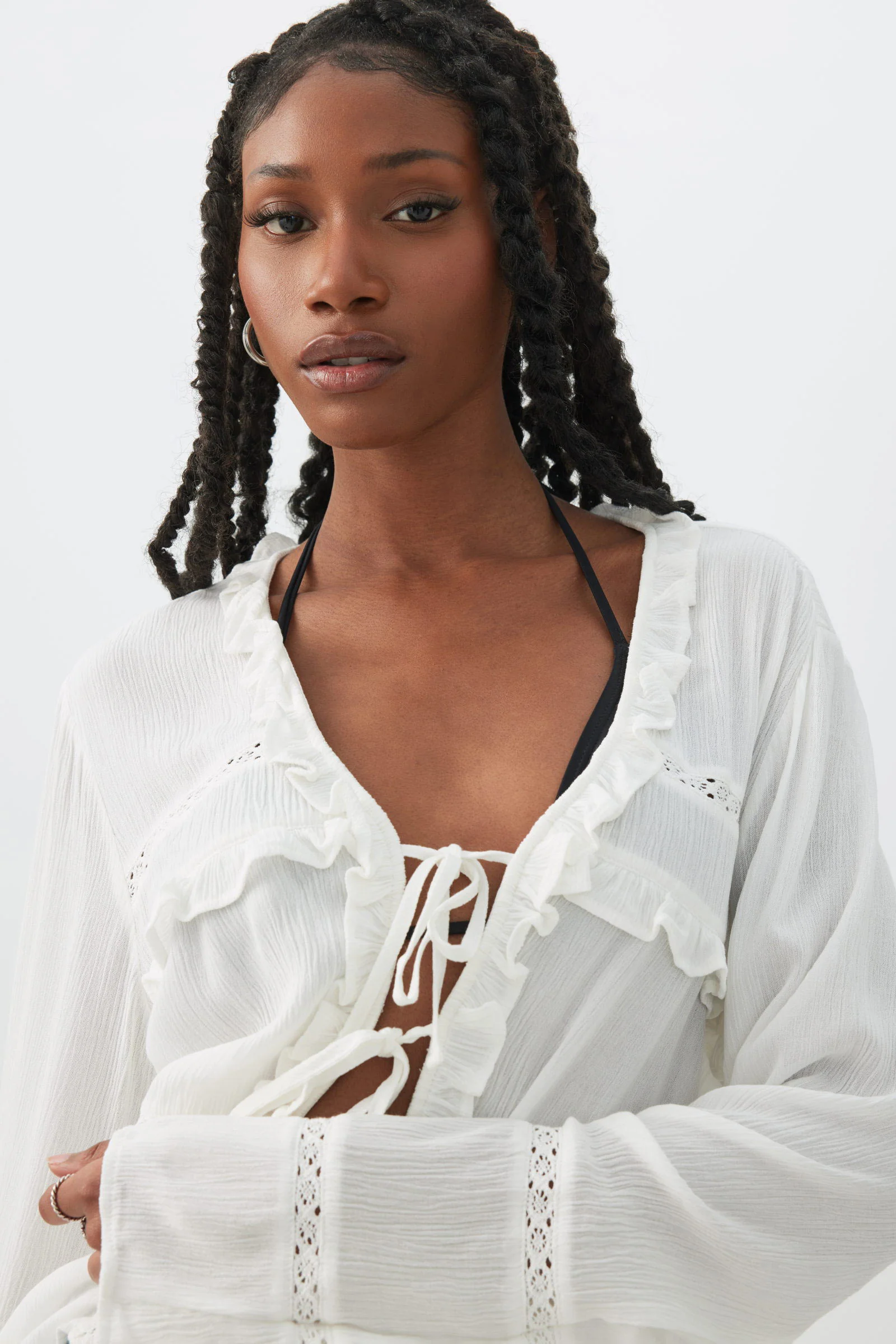 Crinkled Tie Front Blouse with Ruffles - Image 3