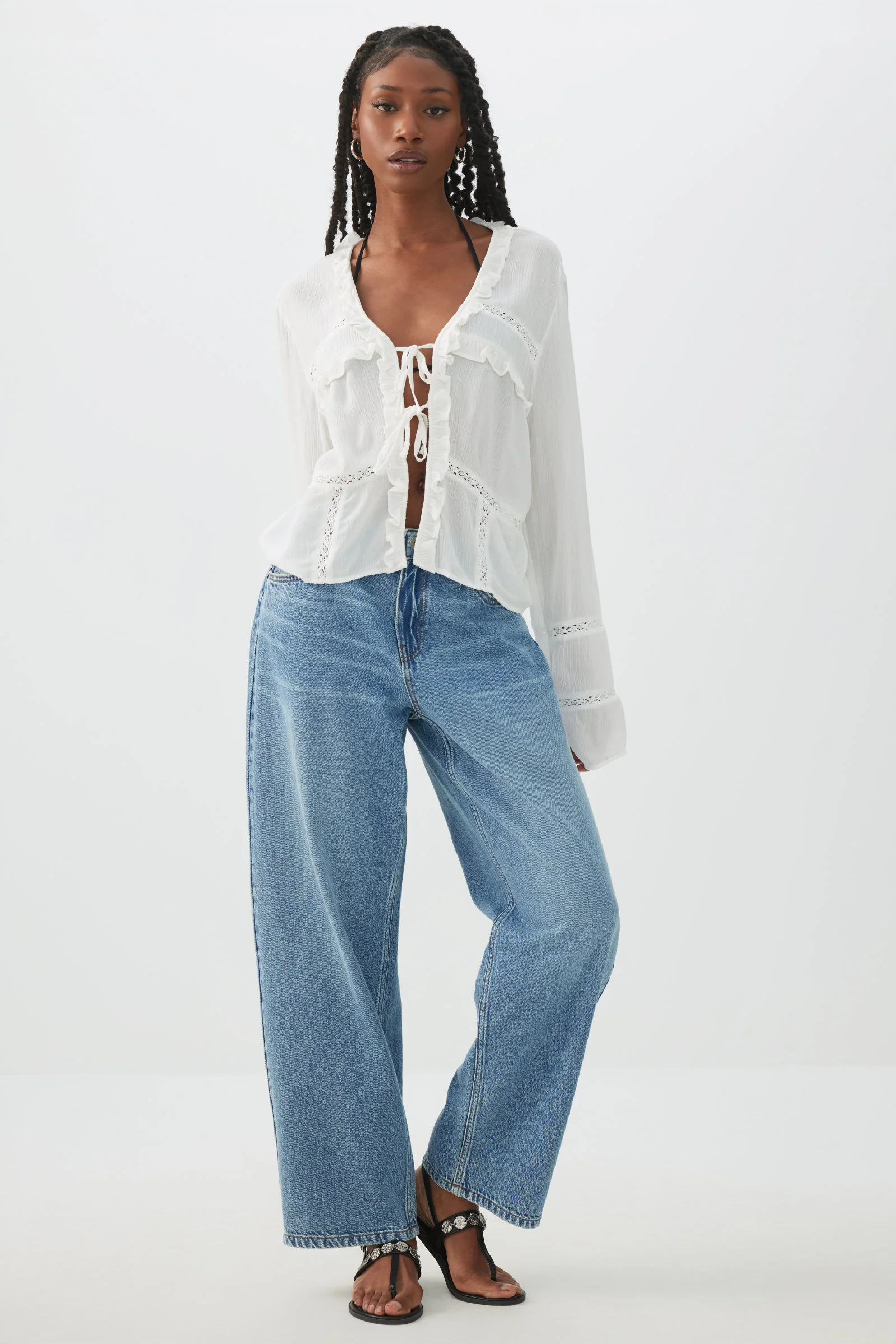 Crinkled Tie Front Blouse with Ruffles - Image 4