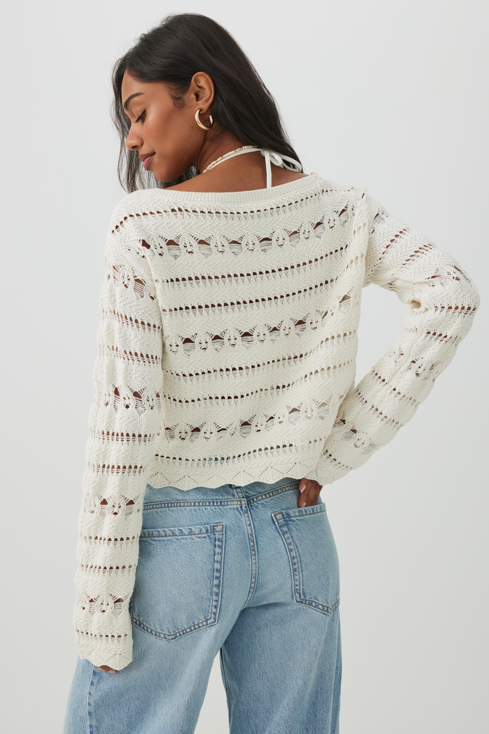 Crop Open Stitch Boat Neck Sweater - Image 4