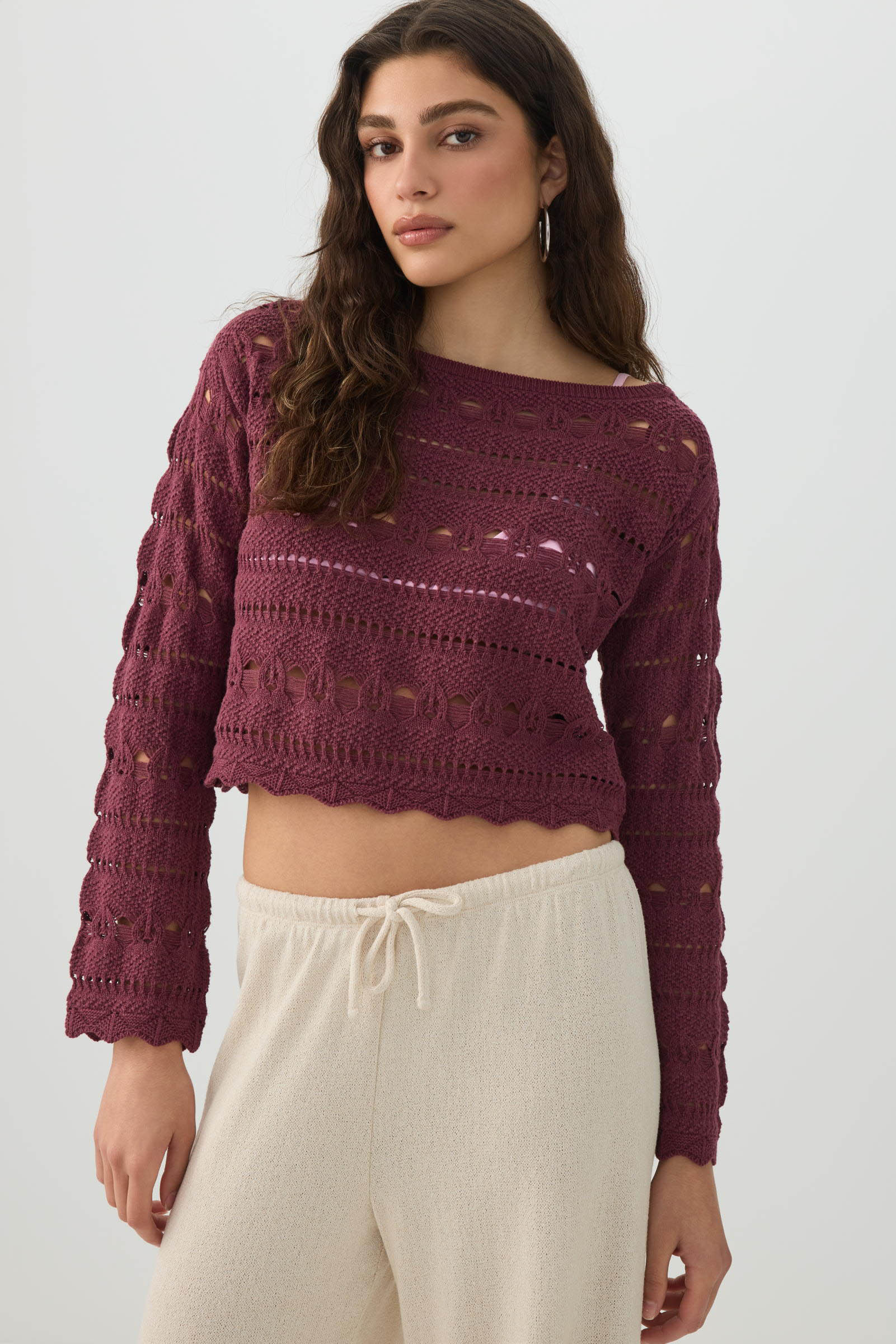 Crop Open Stitch Boat Neck Sweater
