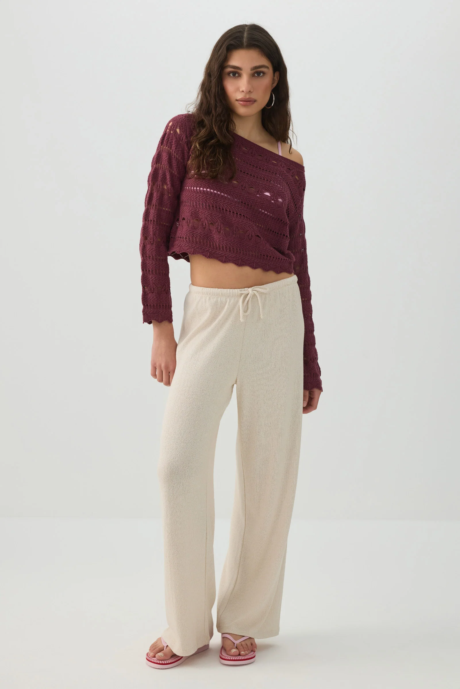 Crop Open Stitch Boat Neck Sweater - Image 2