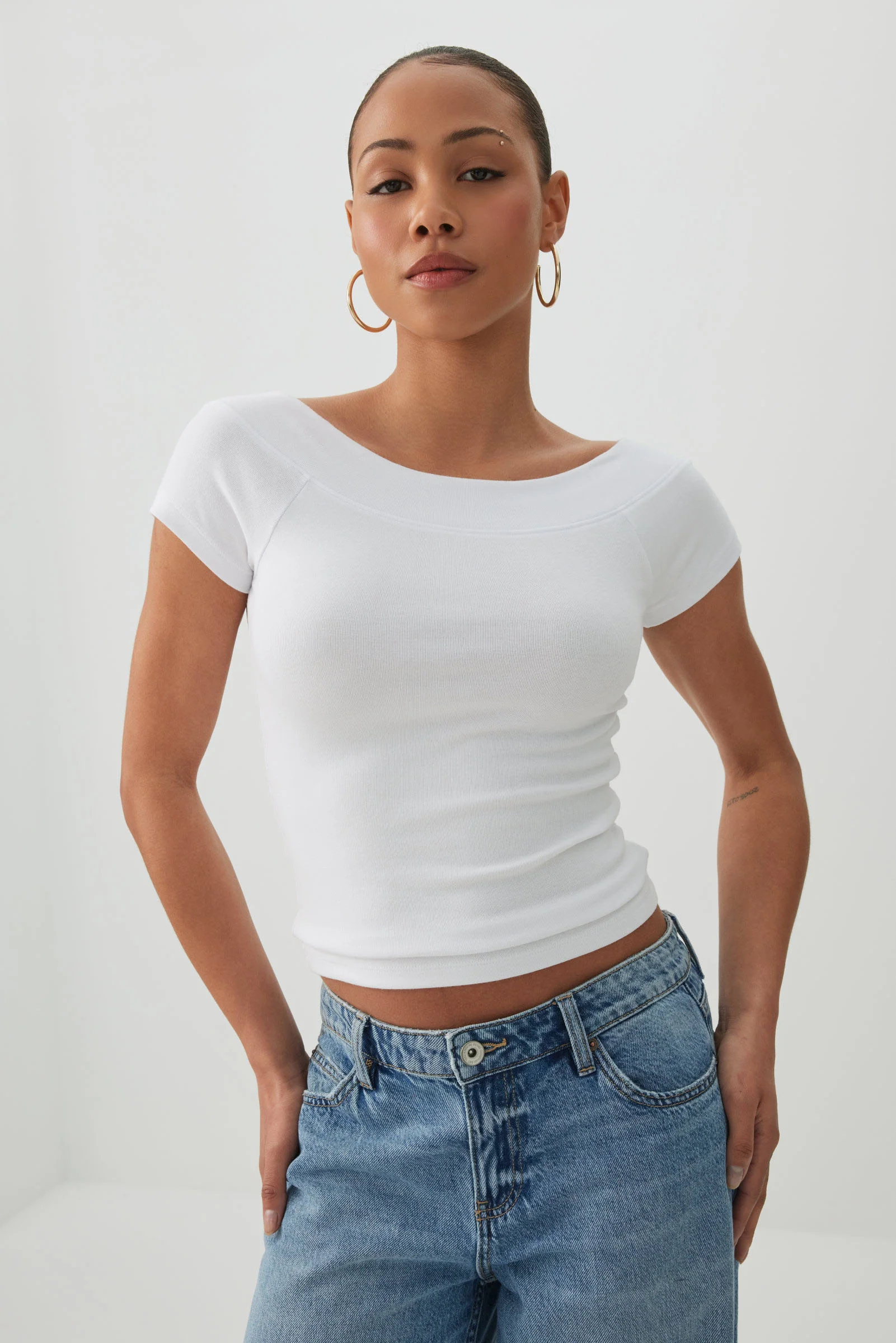 Cropped Boat Neck Rib T-Shirt