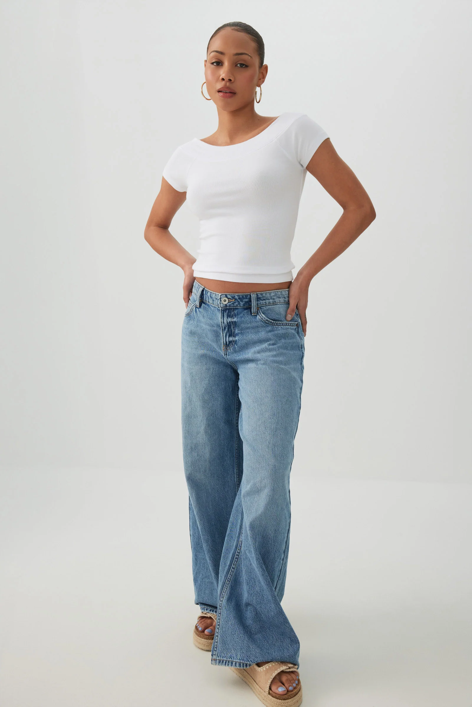 Cropped Boat Neck Rib T-Shirt - Image 3