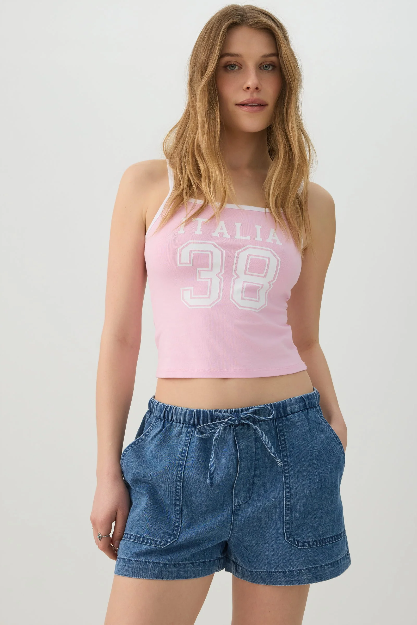 Denim Mid Rise Shorts with Patch Pockets