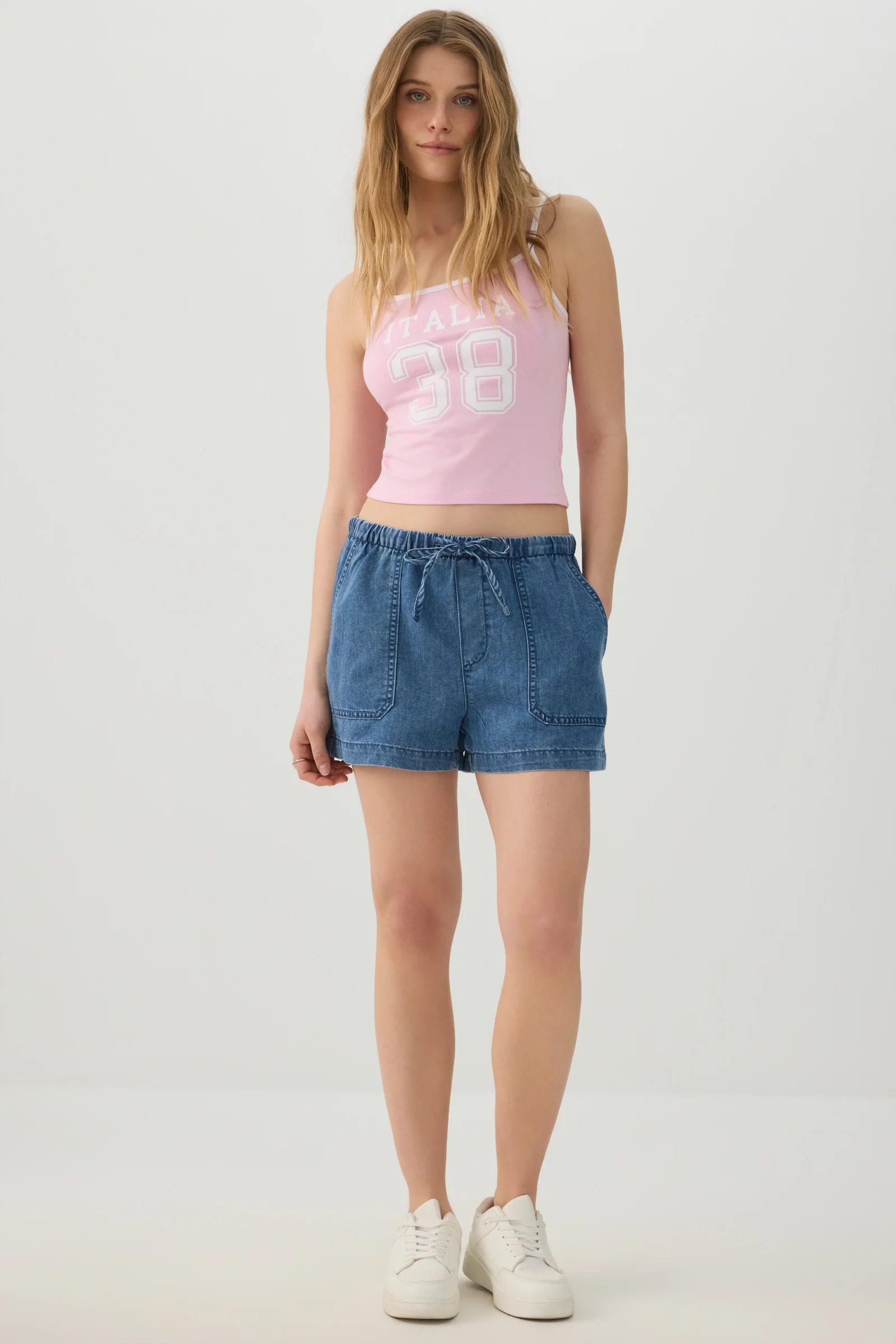Denim Mid Rise Shorts with Patch Pockets - Image 2