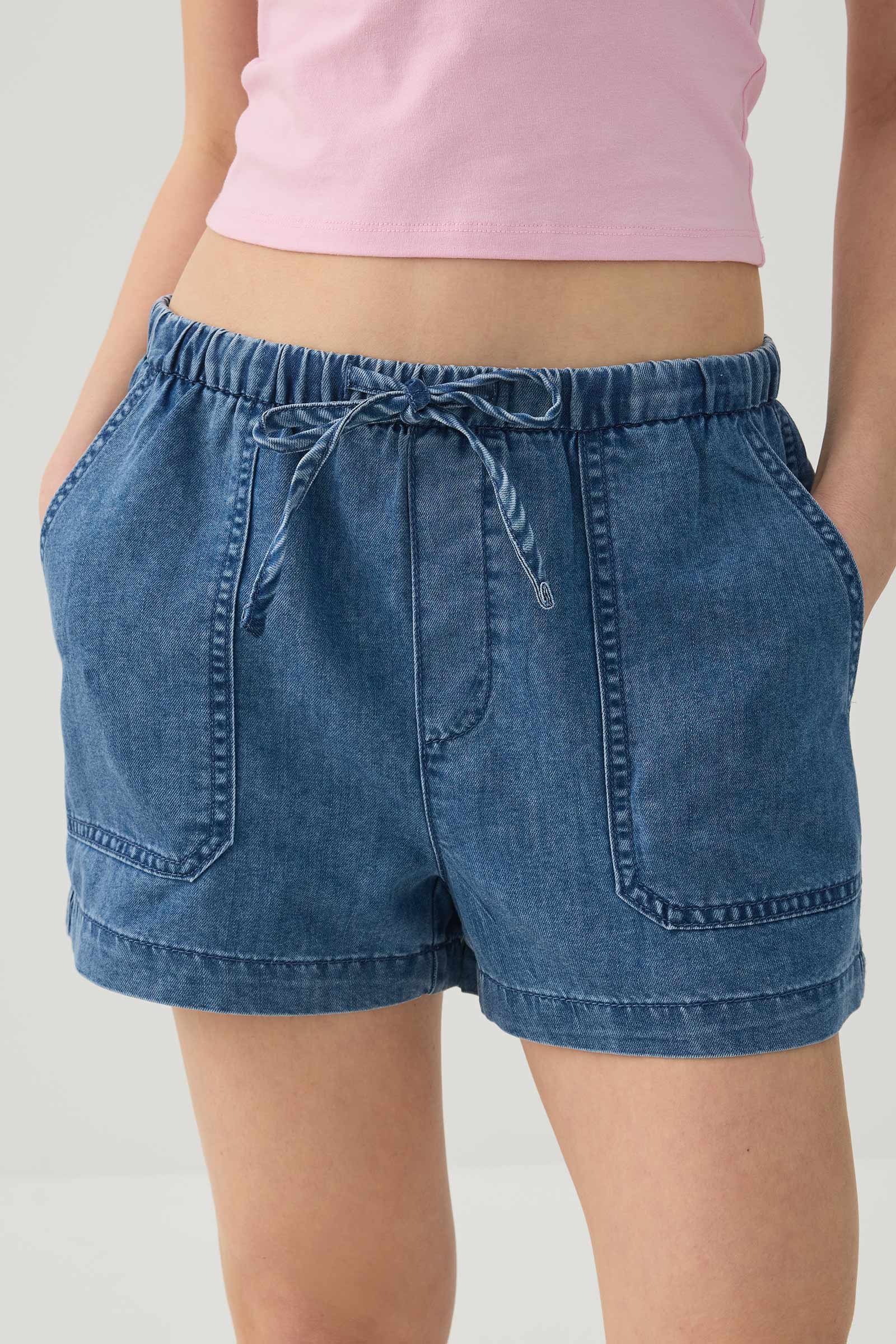 Denim Mid Rise Shorts with Patch Pockets - Image 3