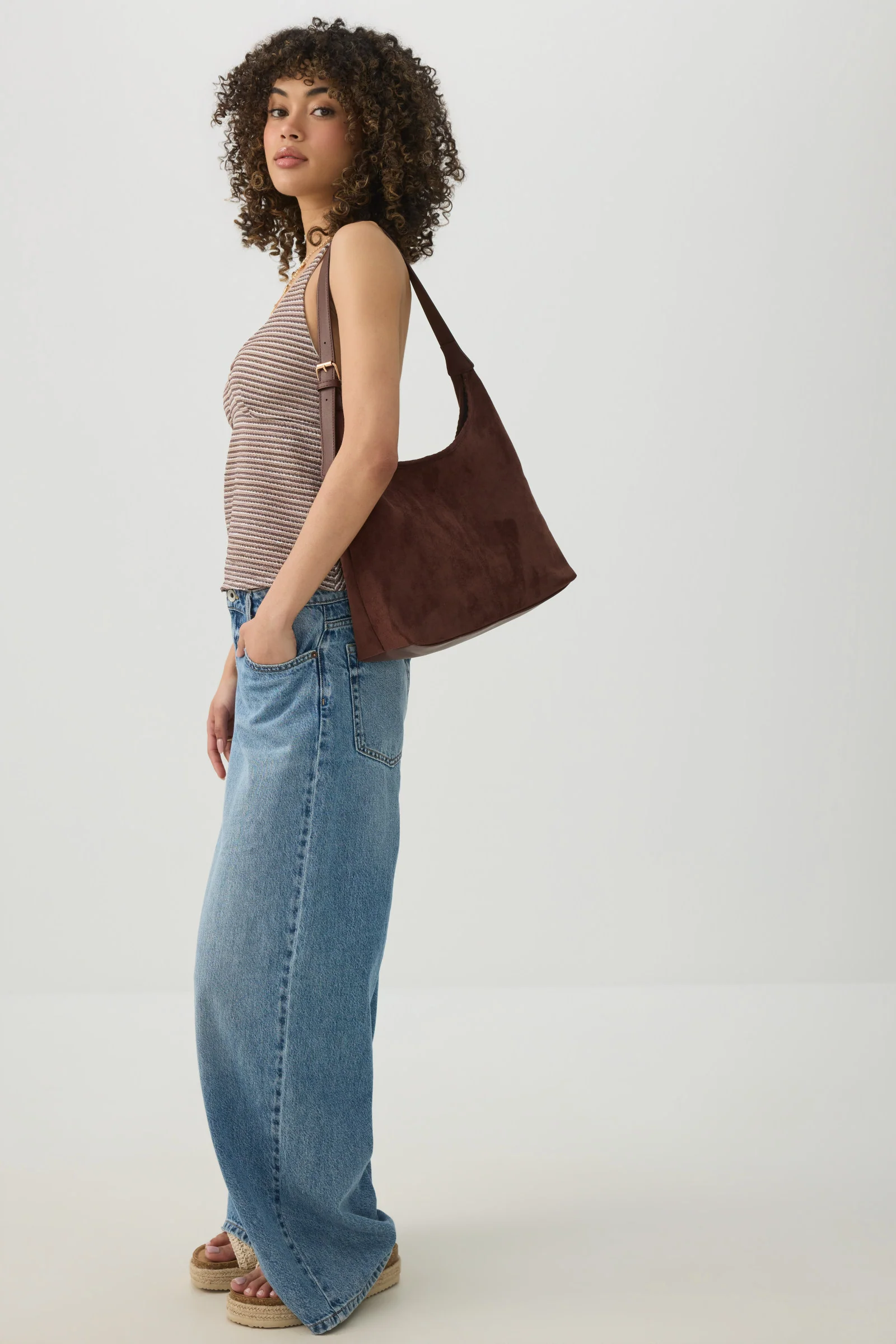 Faux Suede Shoulder Bag with Buckle Detail - Image 5