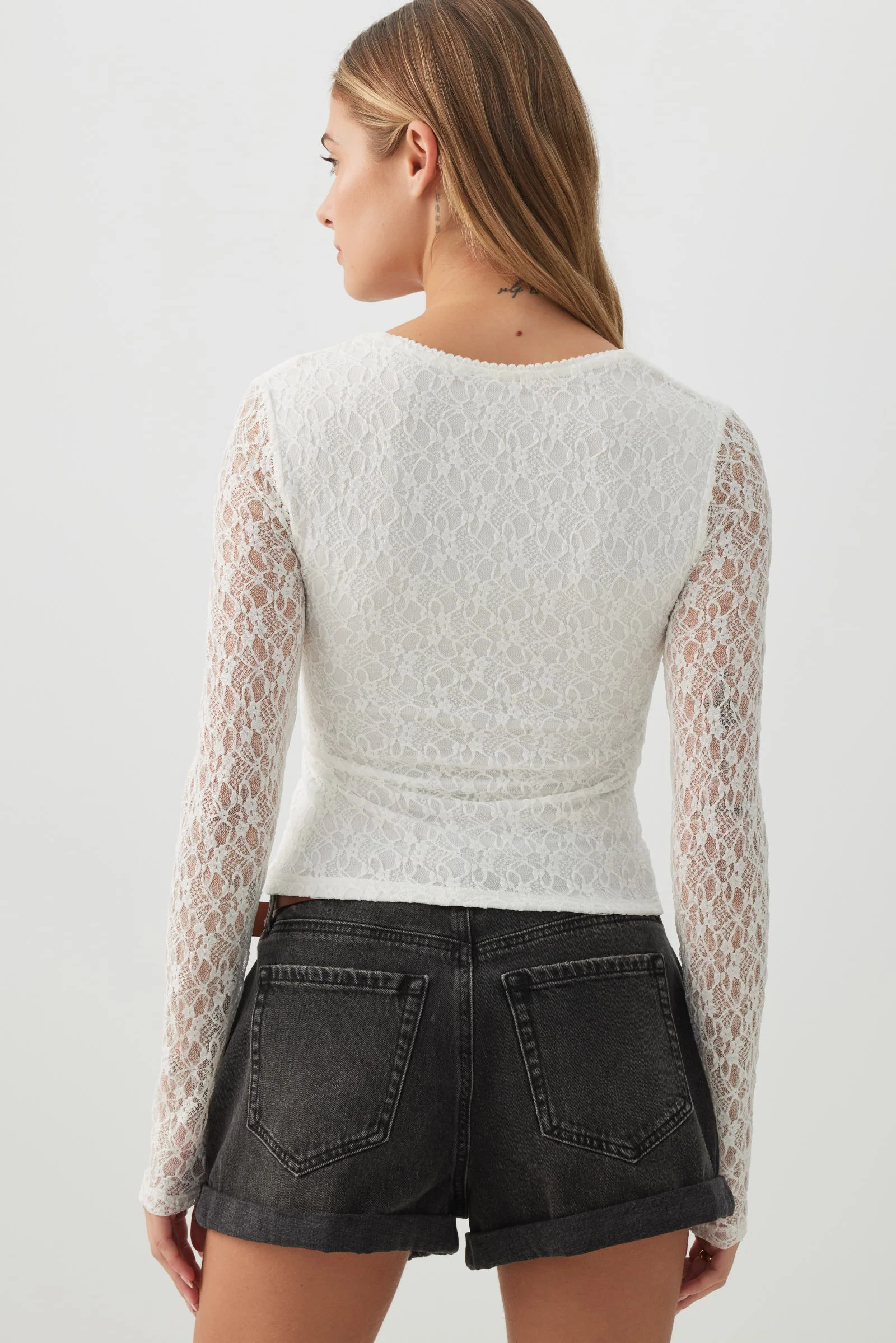 Lace Trapeze Neck Long Sleeve Top - Image 4