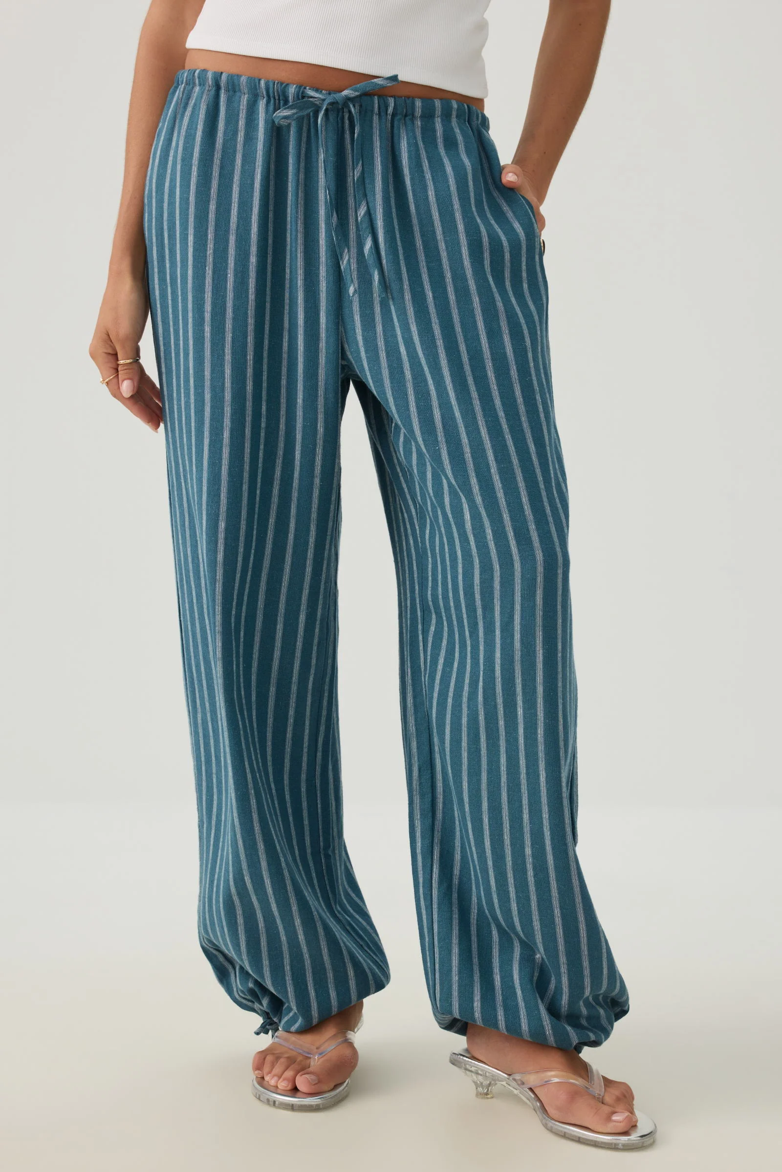 Linen Blend Wide Leg Pant with Tie Hem - Image 2