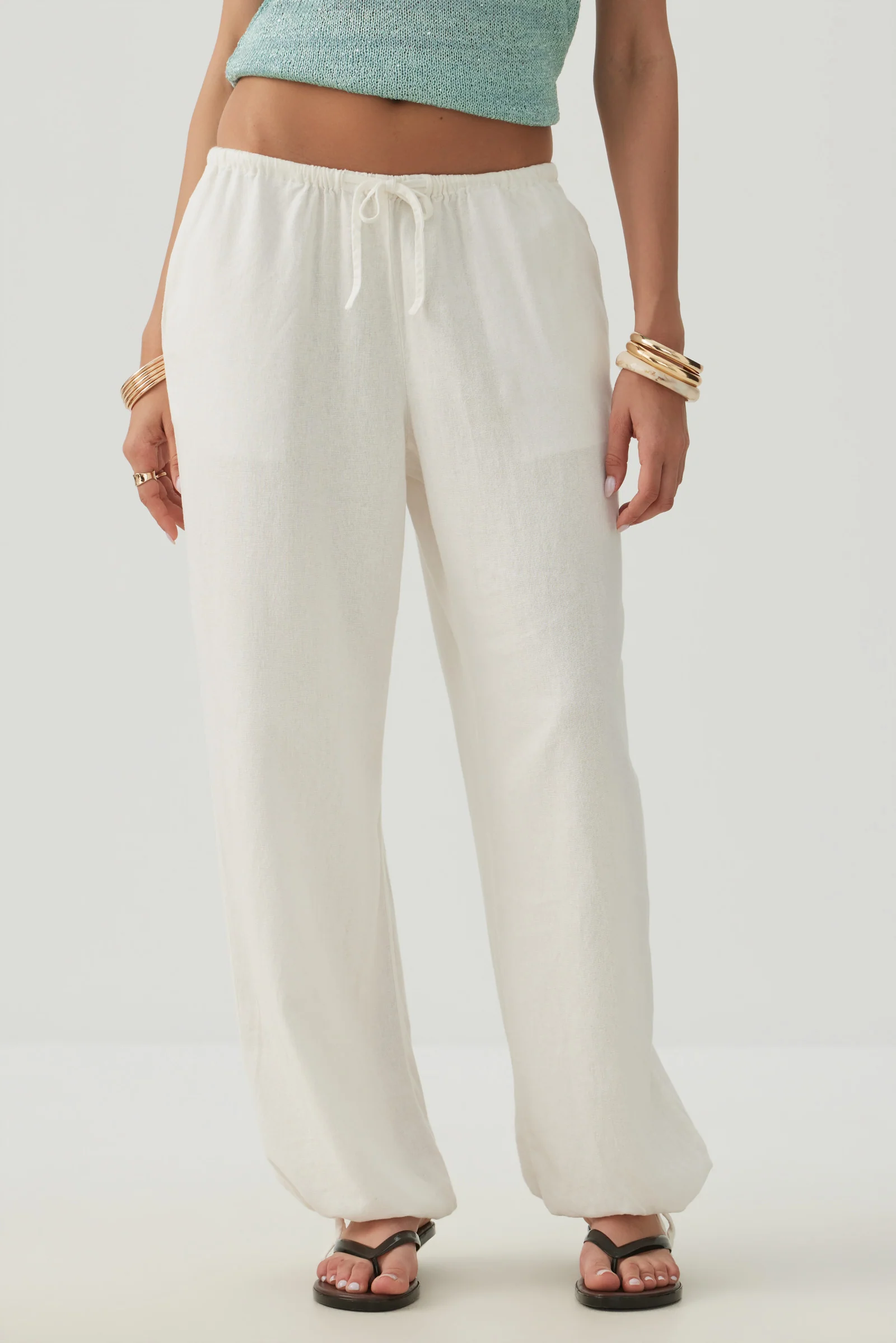 Linen Blend Wide Leg Pant with Tie Hem - Image 2