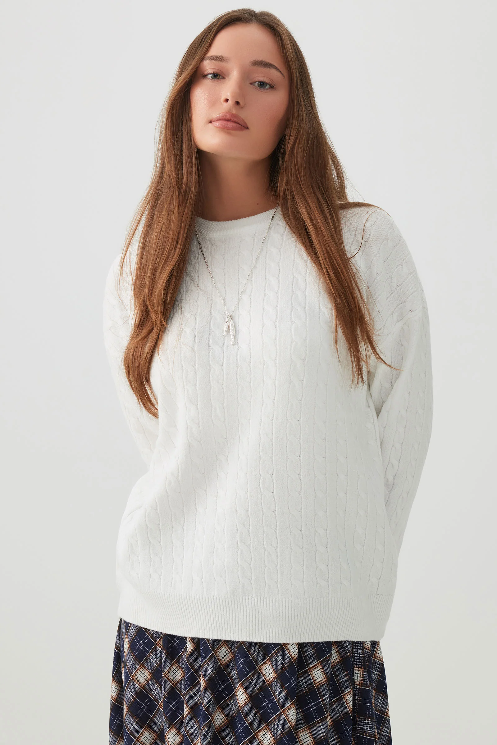Long Cable Knit Crew Neck Sweater