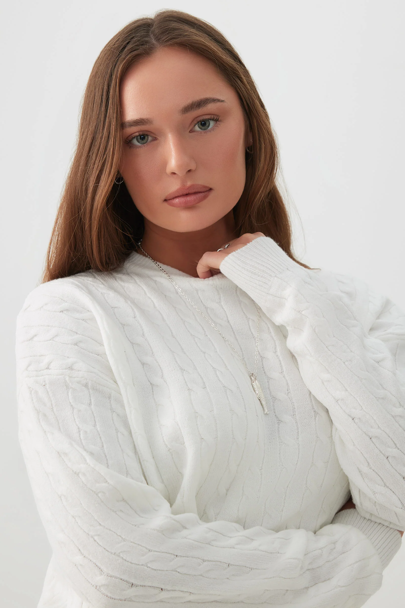 Long Cable Knit Crew Neck Sweater - Image 2