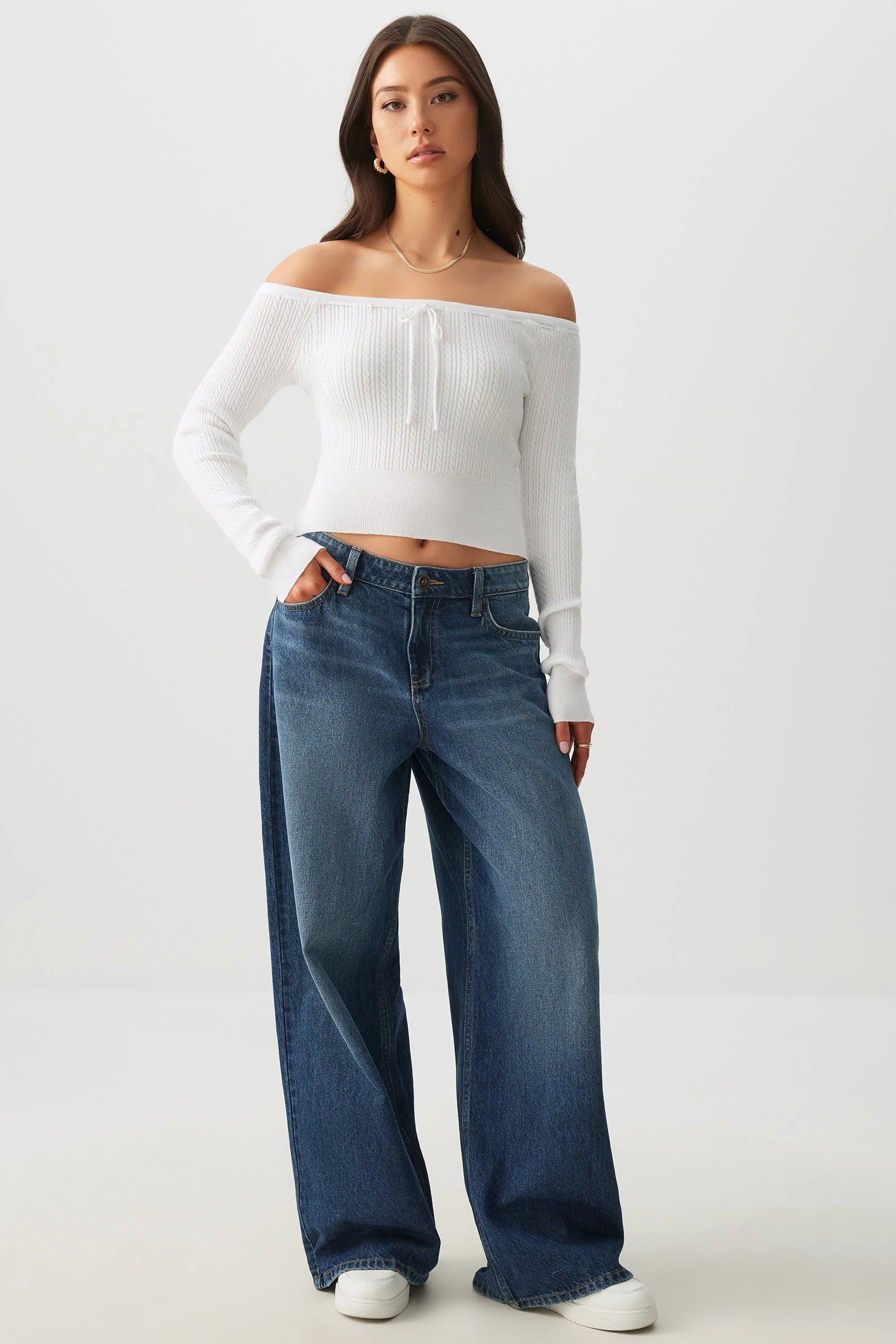 Off Shoulder Cable Knit Sweater - Image 2