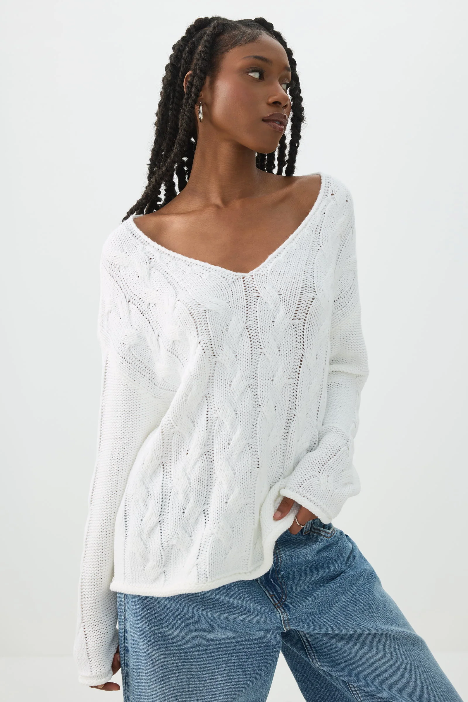 Oversized Cable Knit V-Neck Sweater - Image 2