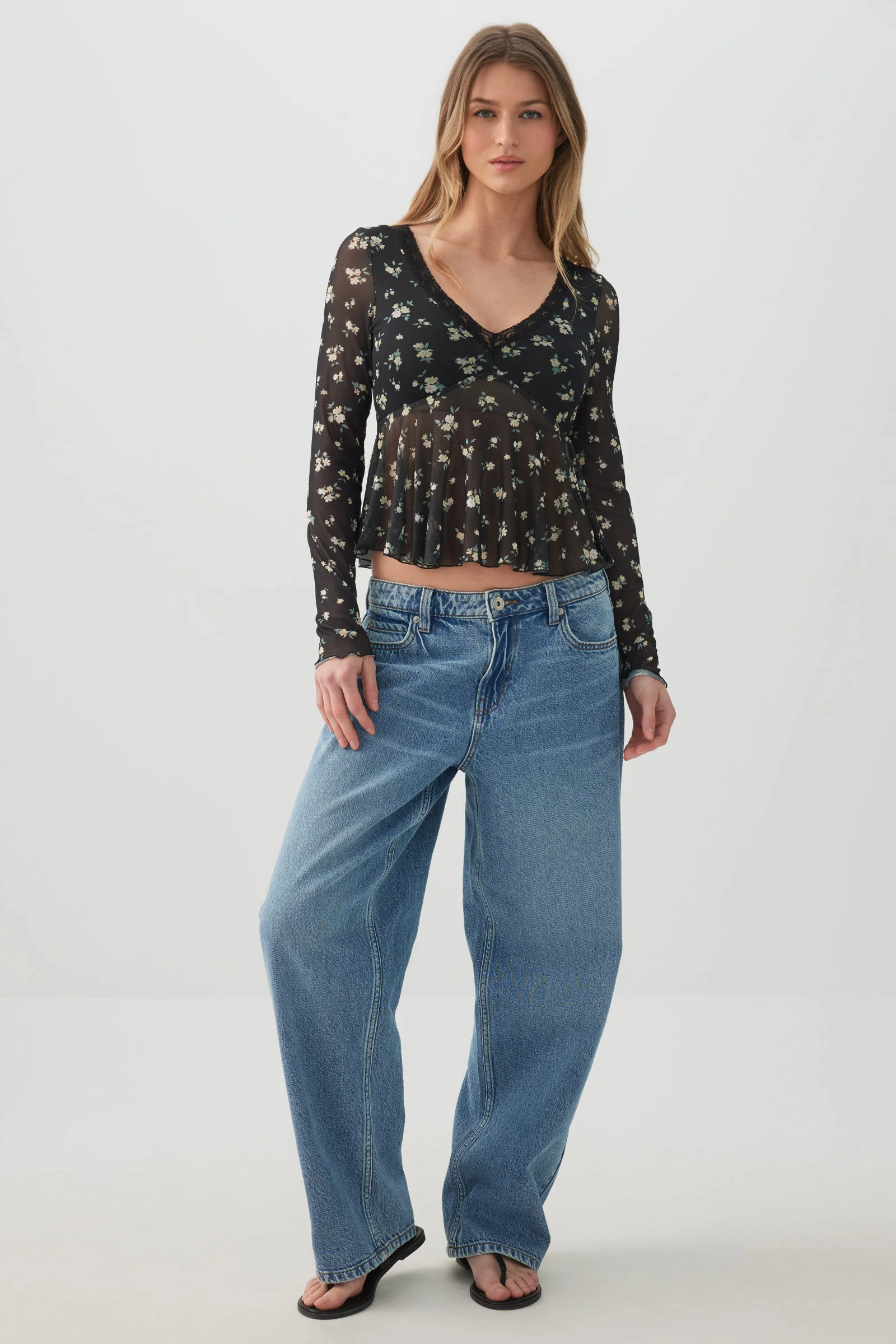 Printed Mesh V-Neck Blouse - Image 2