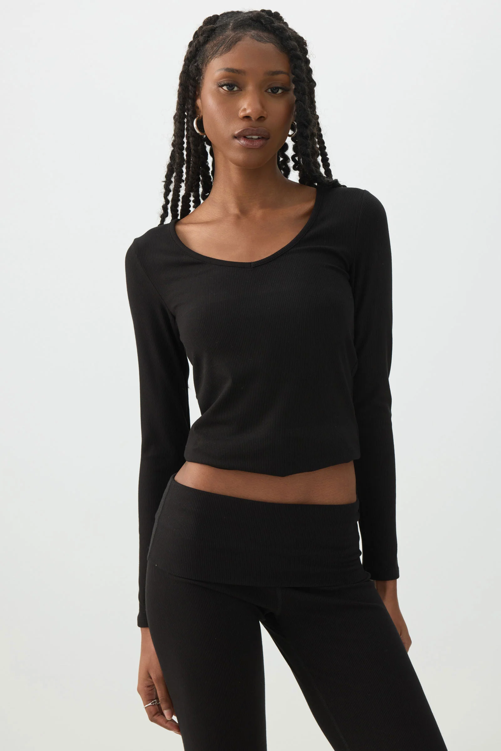 Stretch Rib Scoop Neck Long Sleeve Top - Image 2