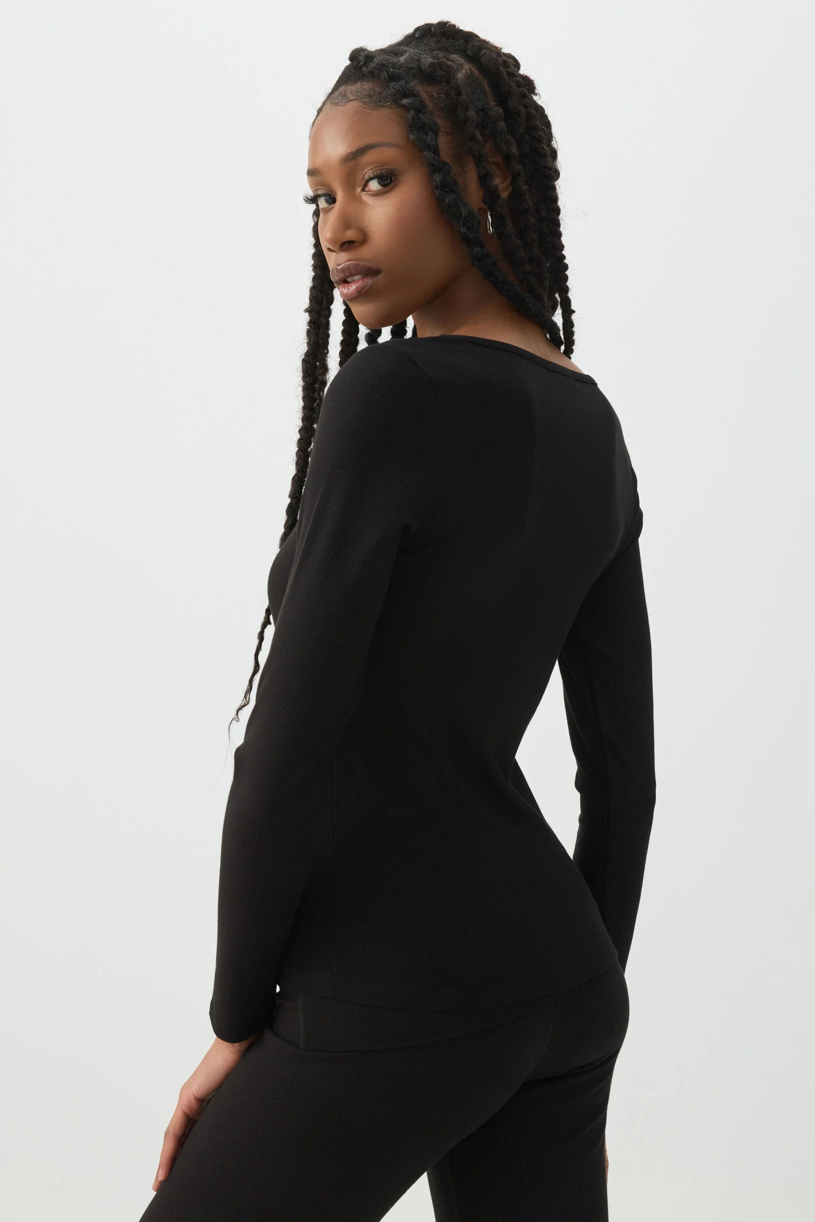 Stretch Rib Scoop Neck Long Sleeve Top - Image 4