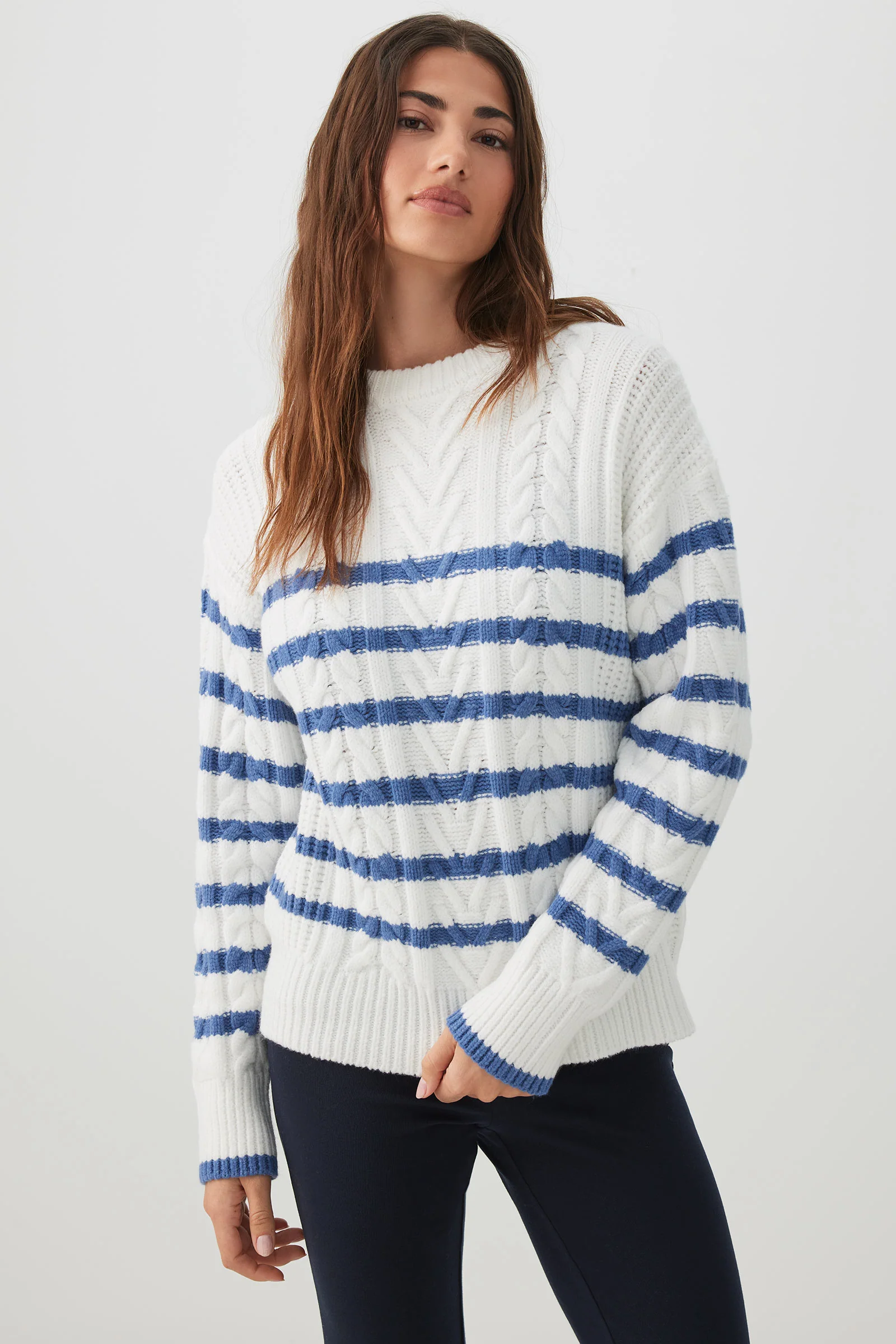 Striped Long Cable Knit Sweater - Image 2