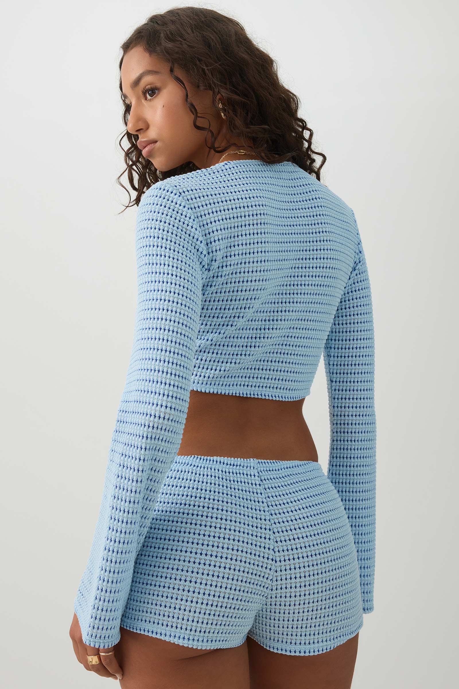 Tie Front Ultra Crop Textured Knit Top - Image 4